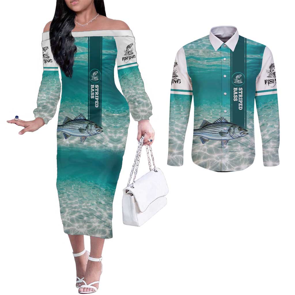 Striped Bass Fishing Couples Matching Off The Shoulder Long Sleeve Dress and Long Sleeve Button Shirt with Underwater Ocean Scene and Teal Water Pattern - Wonder Print Shop