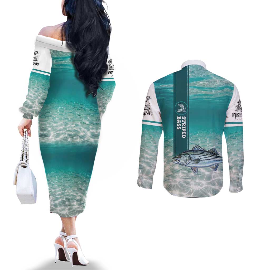 Striped Bass Fishing Couples Matching Off The Shoulder Long Sleeve Dress and Long Sleeve Button Shirt with Underwater Ocean Scene and Teal Water Pattern - Wonder Print Shop