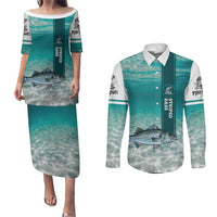 Striped Bass Fishing Couples Matching Puletasi and Long Sleeve Button Shirt with Underwater Ocean Scene and Teal Water Pattern - Wonder Print Shop