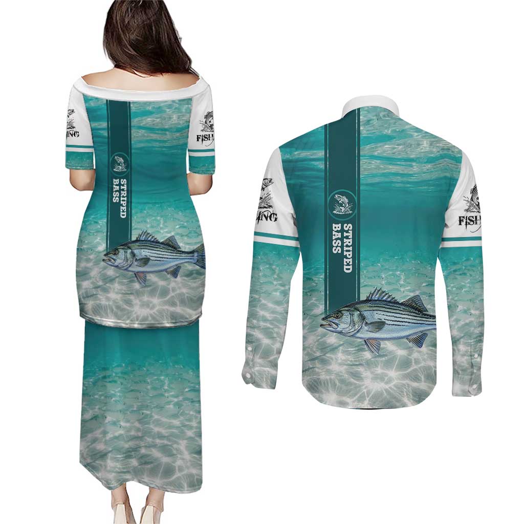 Striped Bass Fishing Couples Matching Puletasi and Long Sleeve Button Shirt with Underwater Ocean Scene and Teal Water Pattern - Wonder Print Shop