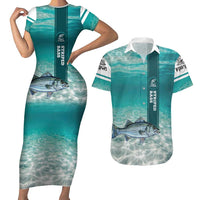 Striped Bass Fishing Couples Matching Short Sleeve Bodycon Dress and Hawaiian Shirt with Underwater Ocean Scene and Teal Water Pattern - Wonder Print Shop