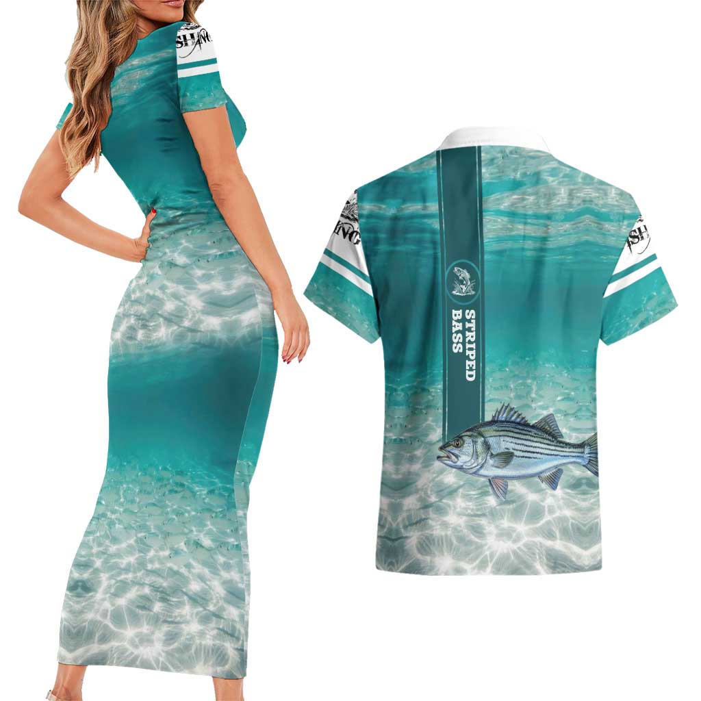 Striped Bass Fishing Couples Matching Short Sleeve Bodycon Dress and Hawaiian Shirt with Underwater Ocean Scene and Teal Water Pattern - Wonder Print Shop