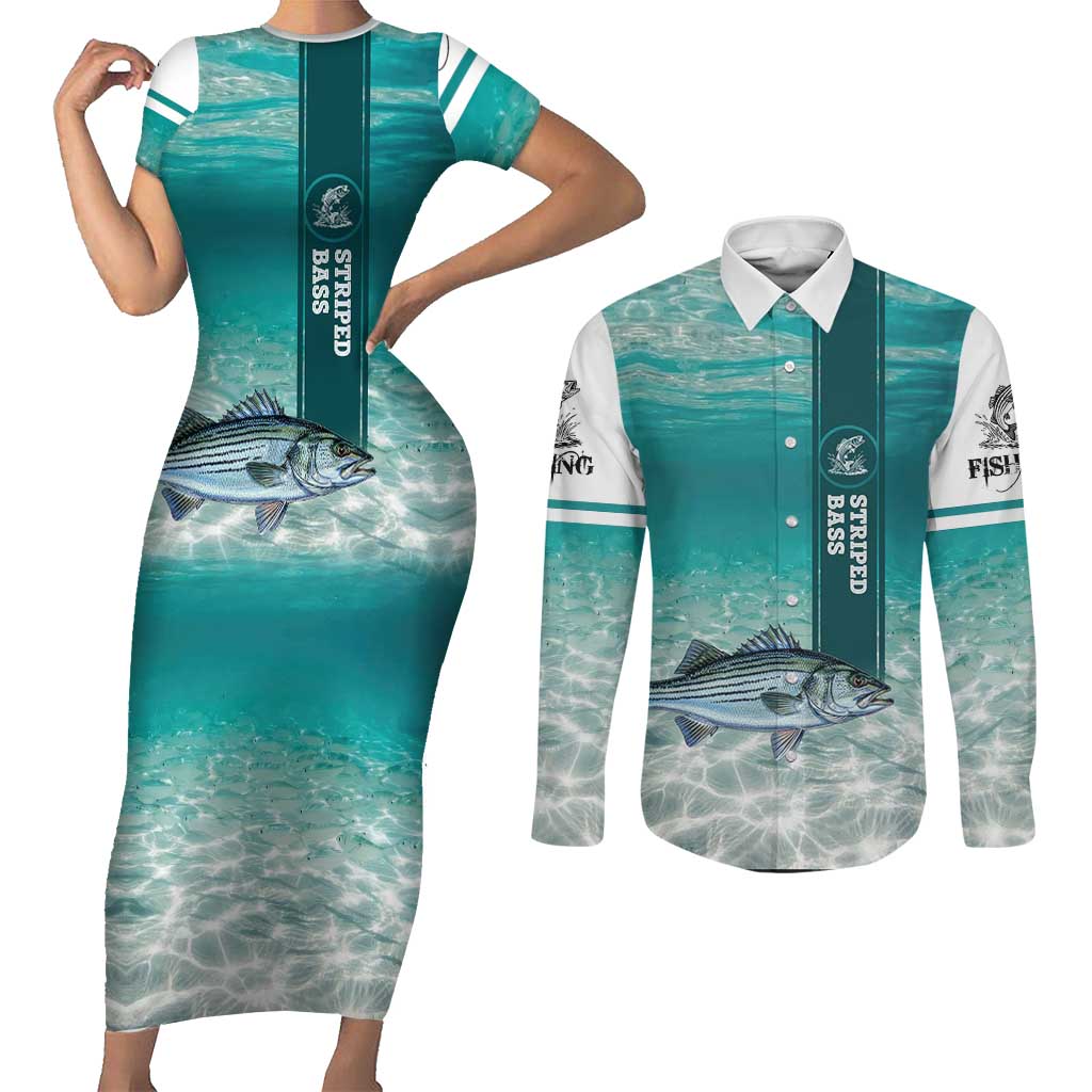 Striped Bass Fishing Couples Matching Short Sleeve Bodycon Dress and Long Sleeve Button Shirt with Underwater Ocean Scene and Teal Water Pattern - Wonder Print Shop