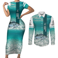 Striped Bass Fishing Couples Matching Short Sleeve Bodycon Dress and Long Sleeve Button Shirt with Underwater Ocean Scene and Teal Water Pattern - Wonder Print Shop