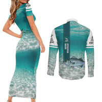 Striped Bass Fishing Couples Matching Short Sleeve Bodycon Dress and Long Sleeve Button Shirt with Underwater Ocean Scene and Teal Water Pattern - Wonder Print Shop
