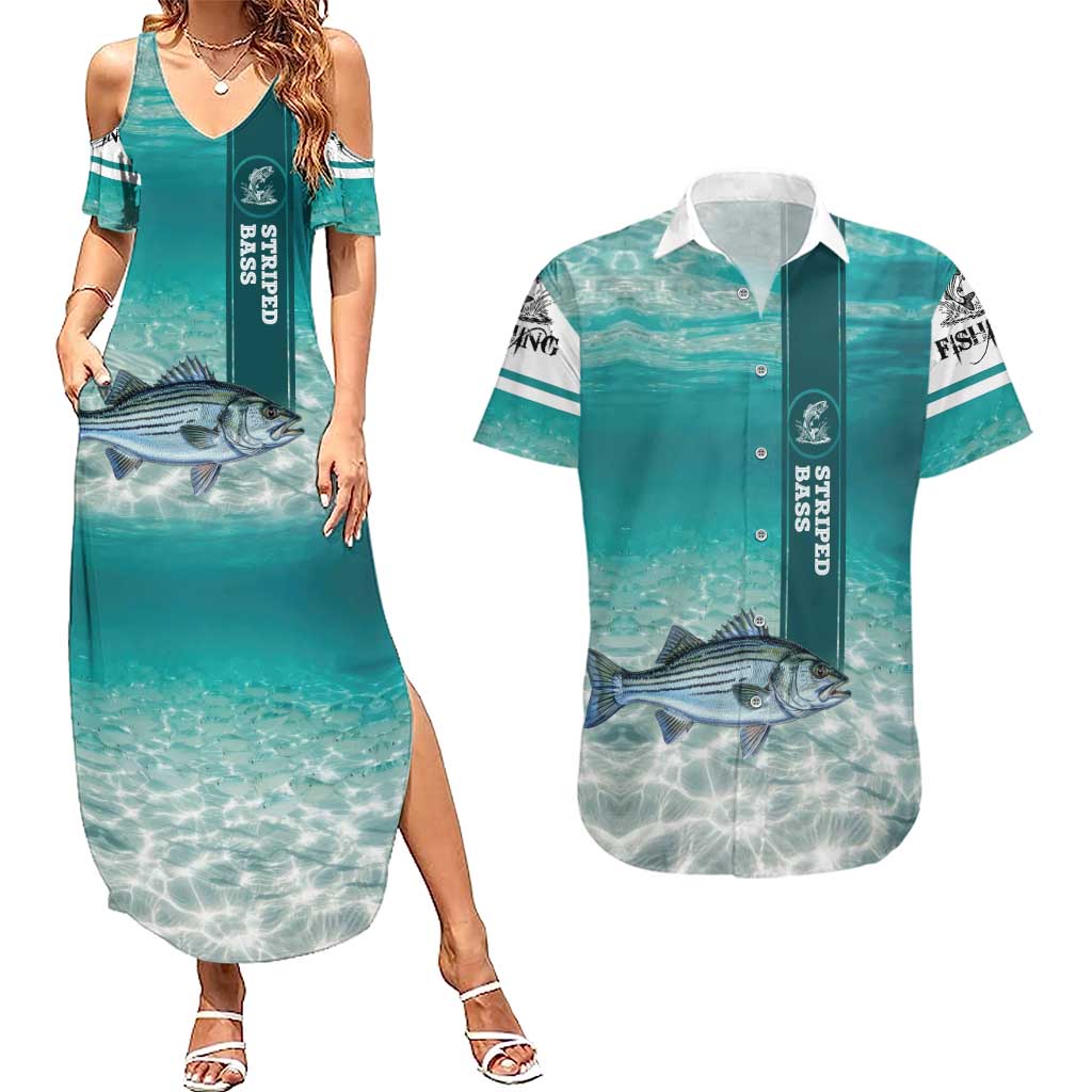 Striped Bass Fishing Couples Matching Summer Maxi Dress and Hawaiian Shirt with Underwater Ocean Scene and Teal Water Pattern - Wonder Print Shop