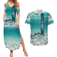 Striped Bass Fishing Couples Matching Summer Maxi Dress and Hawaiian Shirt with Underwater Ocean Scene and Teal Water Pattern - Wonder Print Shop