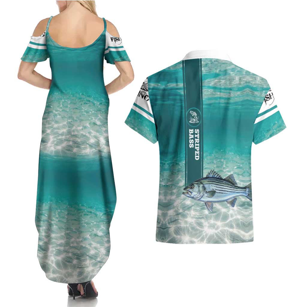 Striped Bass Fishing Couples Matching Summer Maxi Dress and Hawaiian Shirt with Underwater Ocean Scene and Teal Water Pattern - Wonder Print Shop