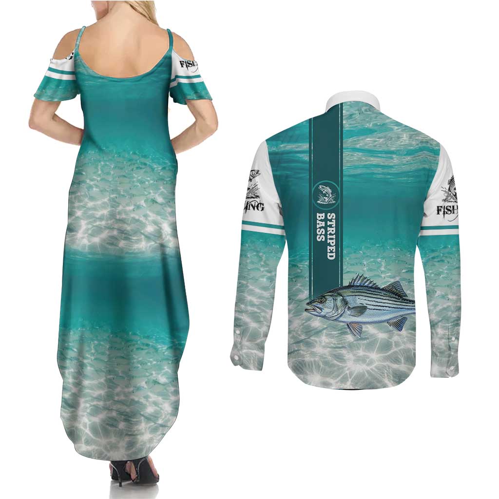 Striped Bass Fishing Couples Matching Summer Maxi Dress and Long Sleeve Button Shirt with Underwater Ocean Scene and Teal Water Pattern - Wonder Print Shop