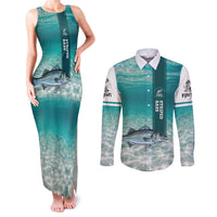 Striped Bass Fishing Couples Matching Tank Maxi Dress and Long Sleeve Button Shirt with Underwater Ocean Scene and Teal Water Pattern - Wonder Print Shop