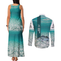 Striped Bass Fishing Couples Matching Tank Maxi Dress and Long Sleeve Button Shirt with Underwater Ocean Scene and Teal Water Pattern - Wonder Print Shop