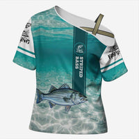 Striped Bass Fishing Cross Shoulder Shirt with Underwater Ocean Scene and Teal Water Pattern - Wonder Print Shop