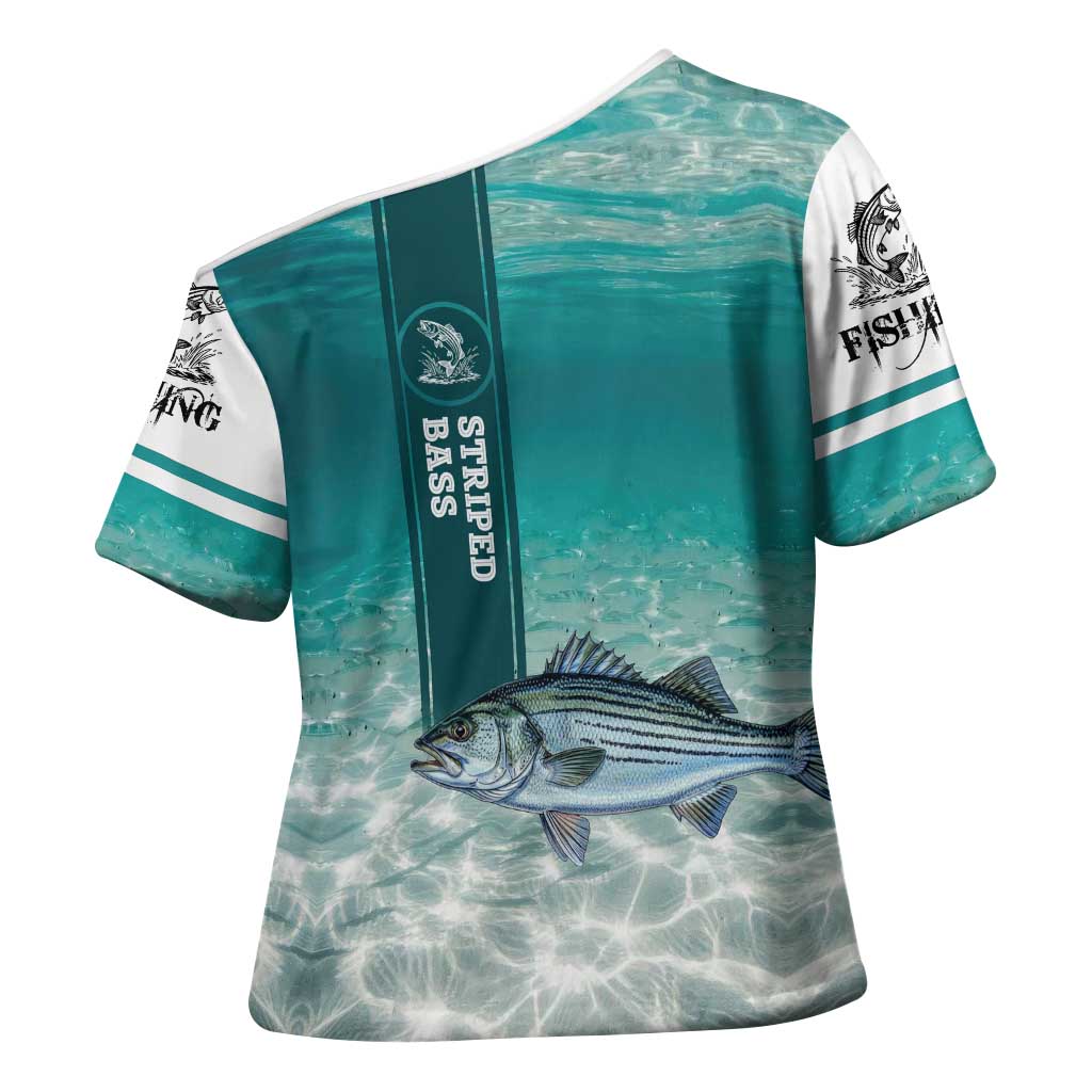 Striped Bass Fishing Cross Shoulder Shirt with Underwater Ocean Scene and Teal Water Pattern - Wonder Print Shop