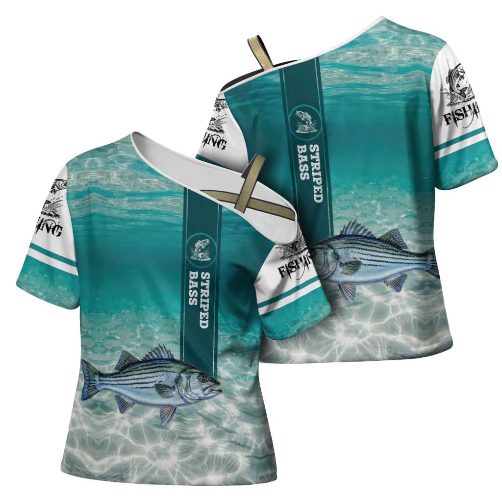 Striped Bass Fishing Cross Shoulder Shirt with Underwater Ocean Scene and Teal Water Pattern - Wonder Print Shop