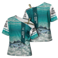Striped Bass Fishing Cross Shoulder Shirt with Underwater Ocean Scene and Teal Water Pattern - Wonder Print Shop