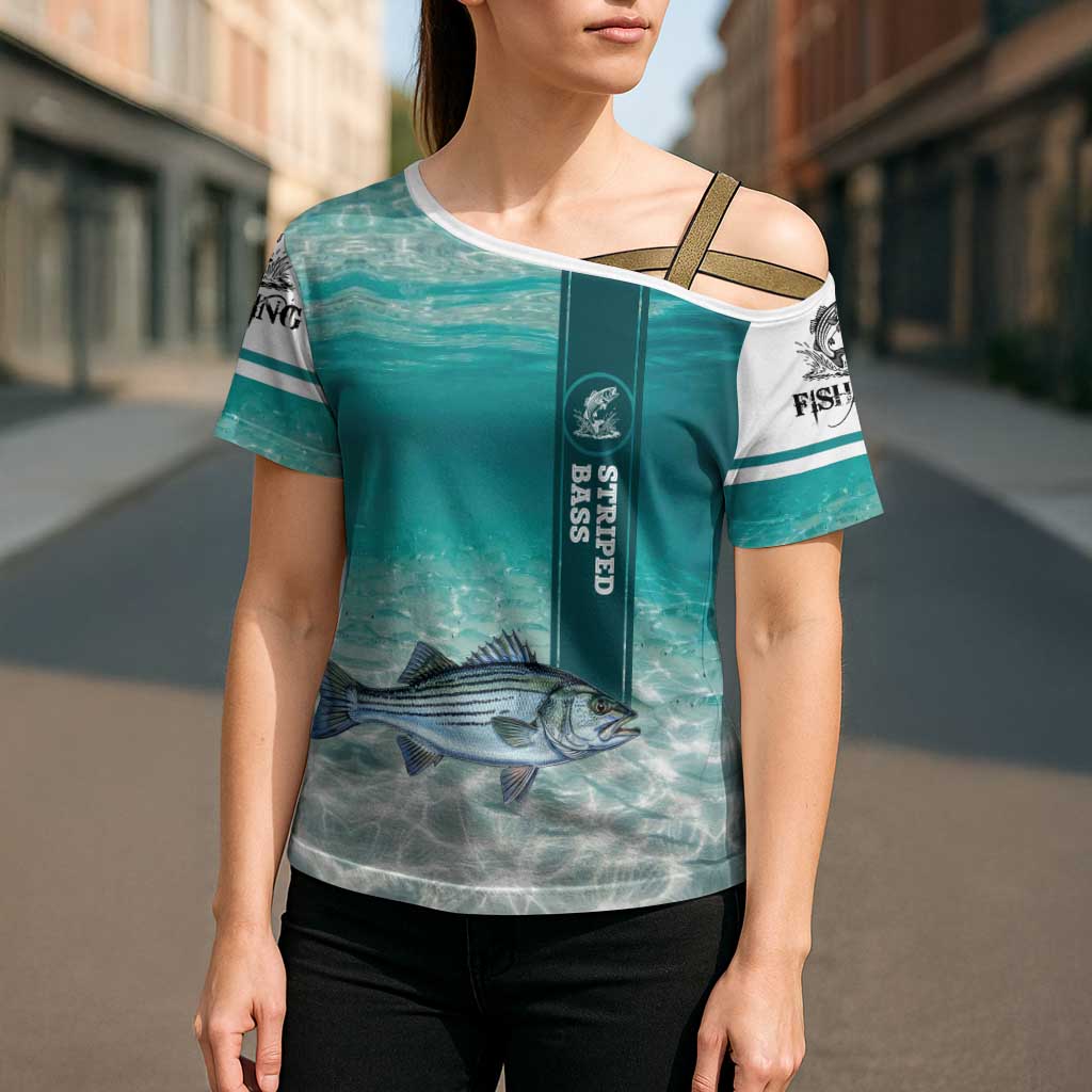 Striped Bass Fishing Cross Shoulder Shirt with Underwater Ocean Scene and Teal Water Pattern - Wonder Print Shop