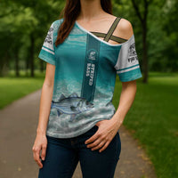 Striped Bass Fishing Cross Shoulder Shirt with Underwater Ocean Scene and Teal Water Pattern - Wonder Print Shop