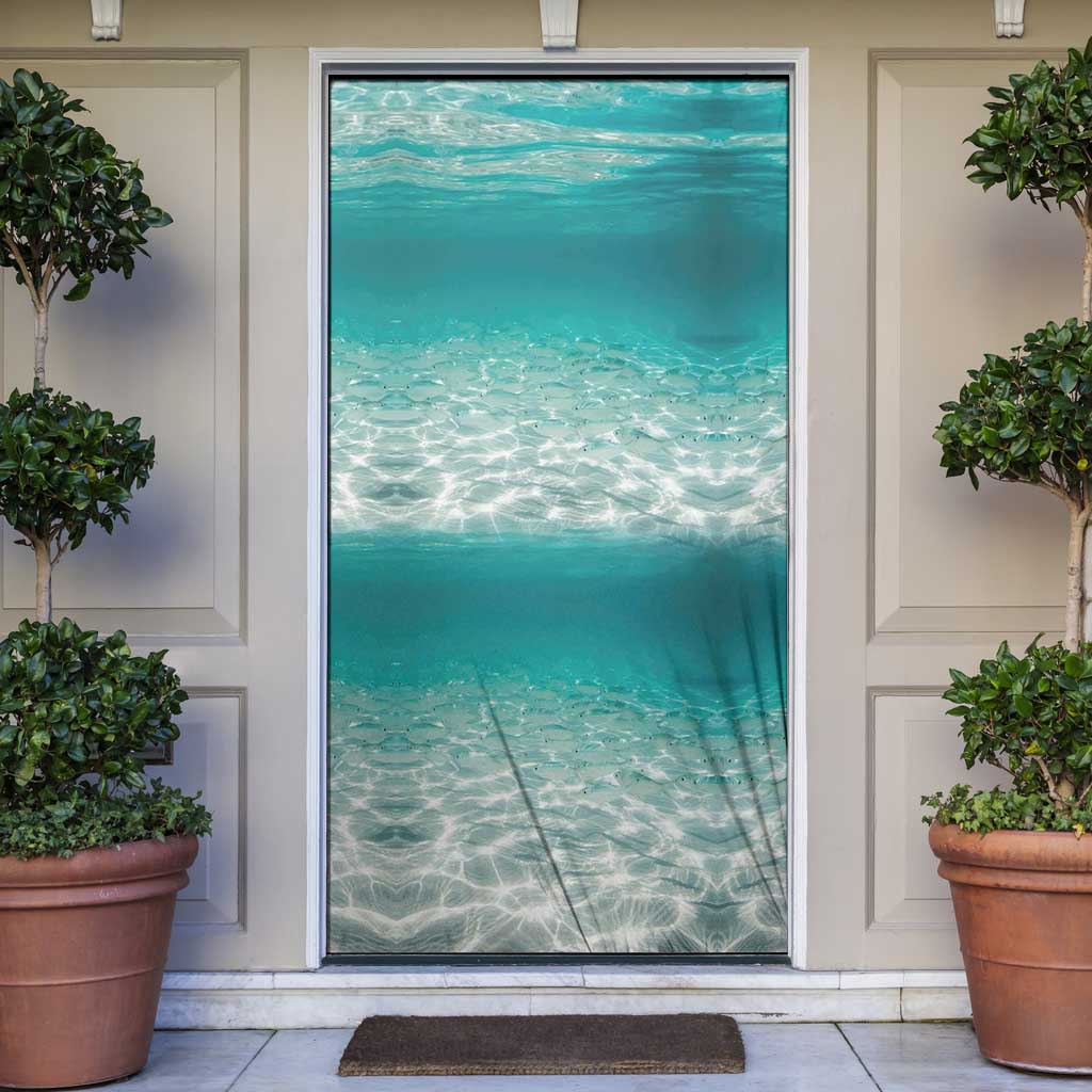 Striped Bass Fishing Door Cover with Underwater Ocean Scene and Teal Water Pattern - Wonder Print Shop