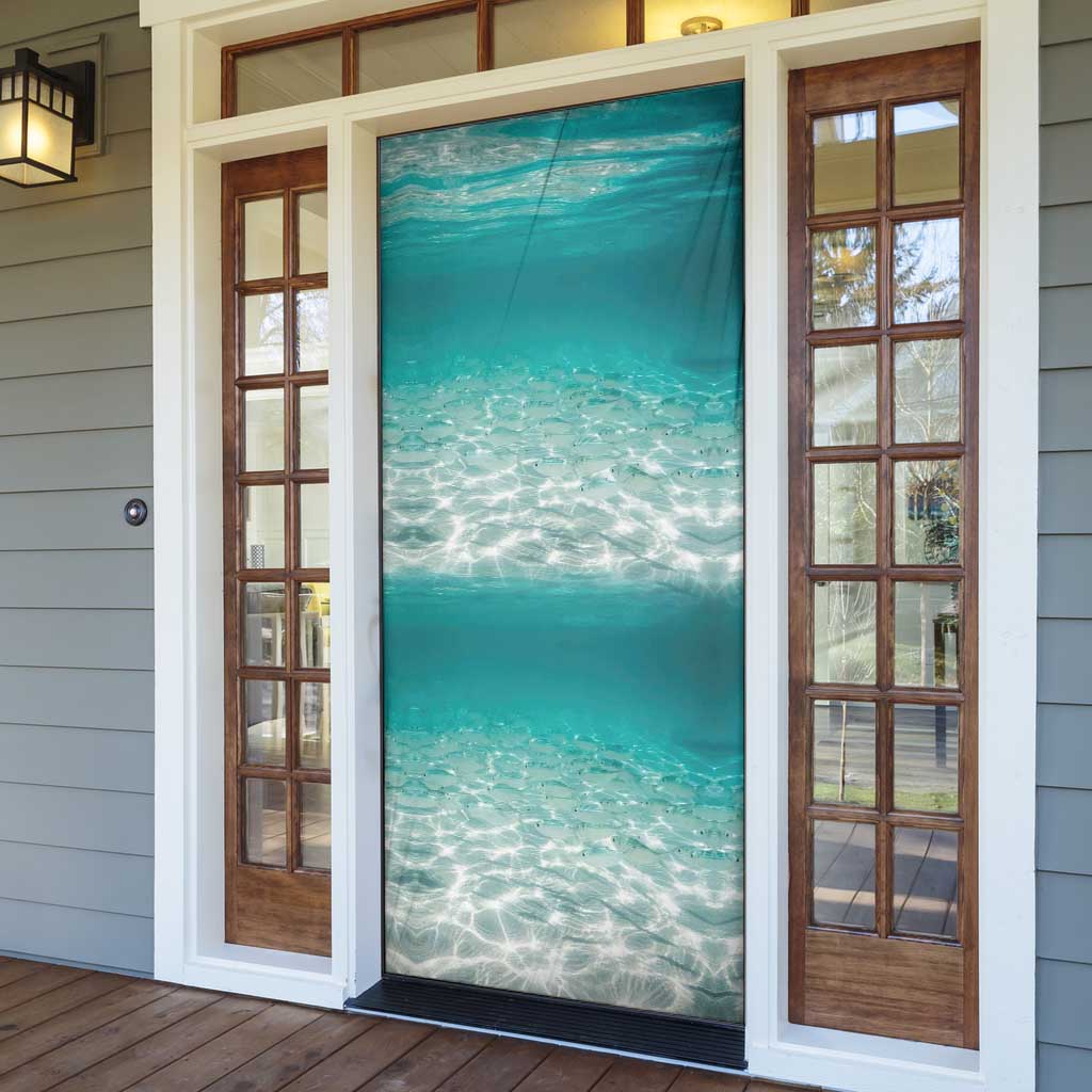 Striped Bass Fishing Door Cover with Underwater Ocean Scene and Teal Water Pattern - Wonder Print Shop