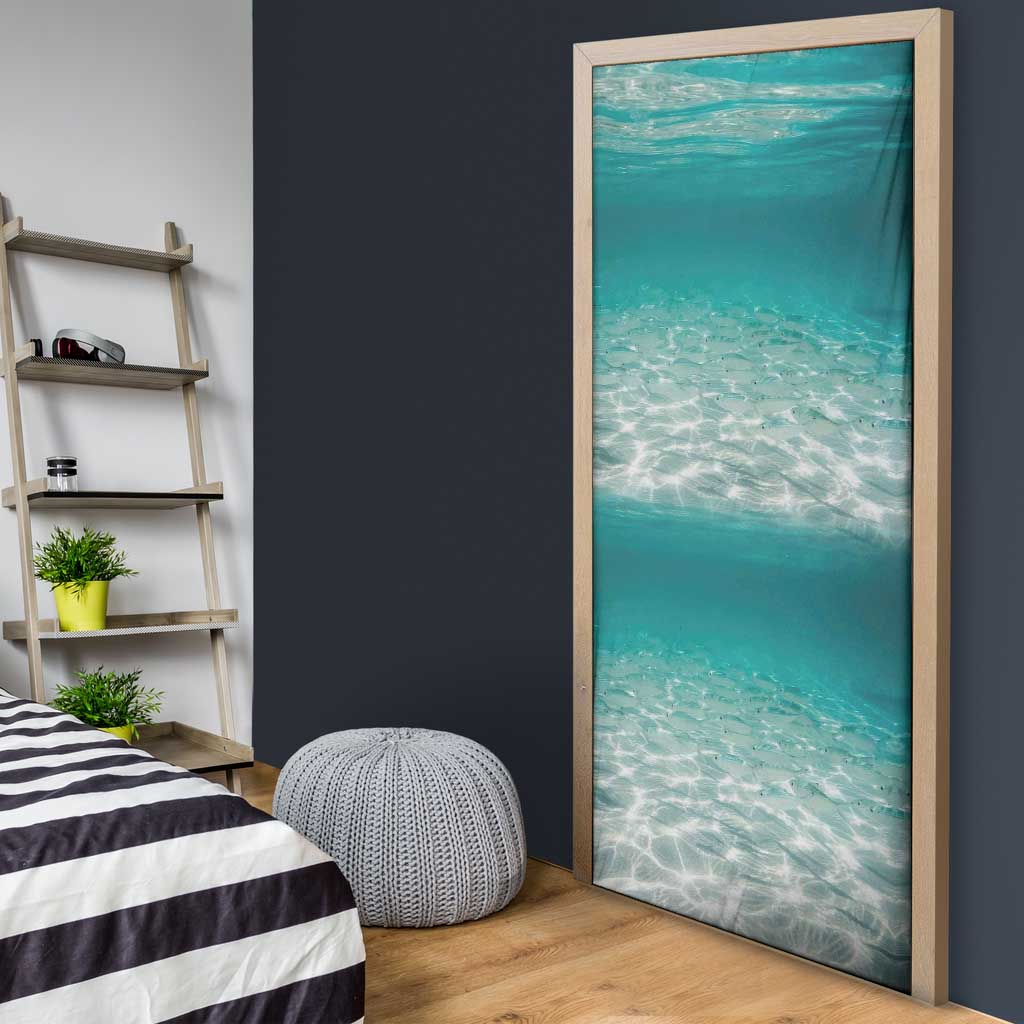 Striped Bass Fishing Door Cover with Underwater Ocean Scene and Teal Water Pattern - Wonder Print Shop