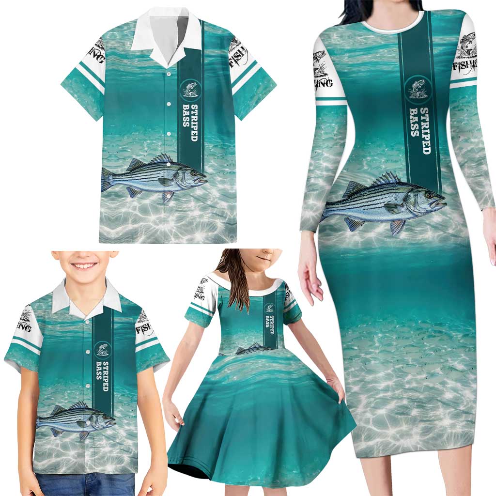 Striped Bass Fishing Family Matching Long Sleeve Bodycon Dress and Hawaiian Shirt with Underwater Ocean Scene and Teal Water Pattern - Wonder Print Shop
