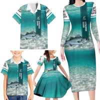 Striped Bass Fishing Family Matching Long Sleeve Bodycon Dress and Hawaiian Shirt with Underwater Ocean Scene and Teal Water Pattern - Wonder Print Shop