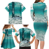 Striped Bass Fishing Family Matching Long Sleeve Bodycon Dress and Hawaiian Shirt with Underwater Ocean Scene and Teal Water Pattern - Wonder Print Shop
