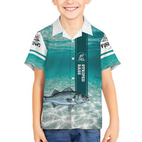 Striped Bass Fishing Family Matching Long Sleeve Bodycon Dress and Hawaiian Shirt with Underwater Ocean Scene and Teal Water Pattern - Wonder Print Shop