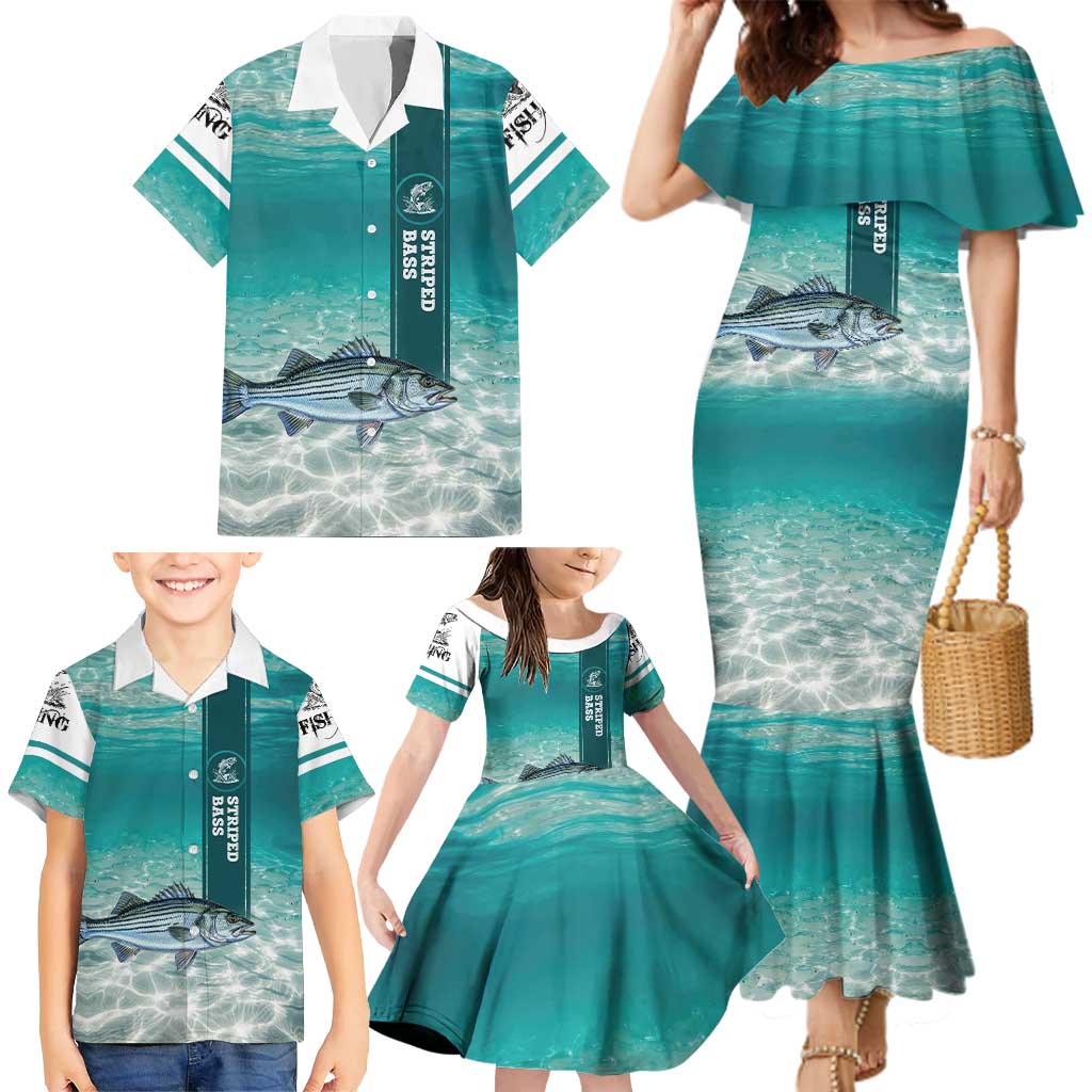 Striped Bass Fishing Family Matching Mermaid Dress and Hawaiian Shirt with Underwater Ocean Scene and Teal Water Pattern - Wonder Print Shop