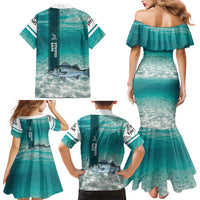 Striped Bass Fishing Family Matching Mermaid Dress and Hawaiian Shirt with Underwater Ocean Scene and Teal Water Pattern - Wonder Print Shop