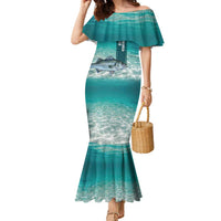 Striped Bass Fishing Family Matching Mermaid Dress and Hawaiian Shirt with Underwater Ocean Scene and Teal Water Pattern - Wonder Print Shop