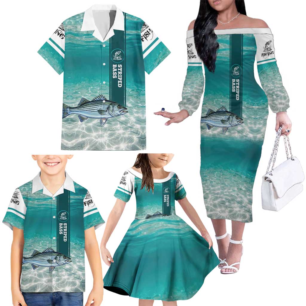 Striped Bass Fishing Family Matching Off The Shoulder Long Sleeve Dress and Hawaiian Shirt with Underwater Ocean Scene and Teal Water Pattern - Wonder Print Shop