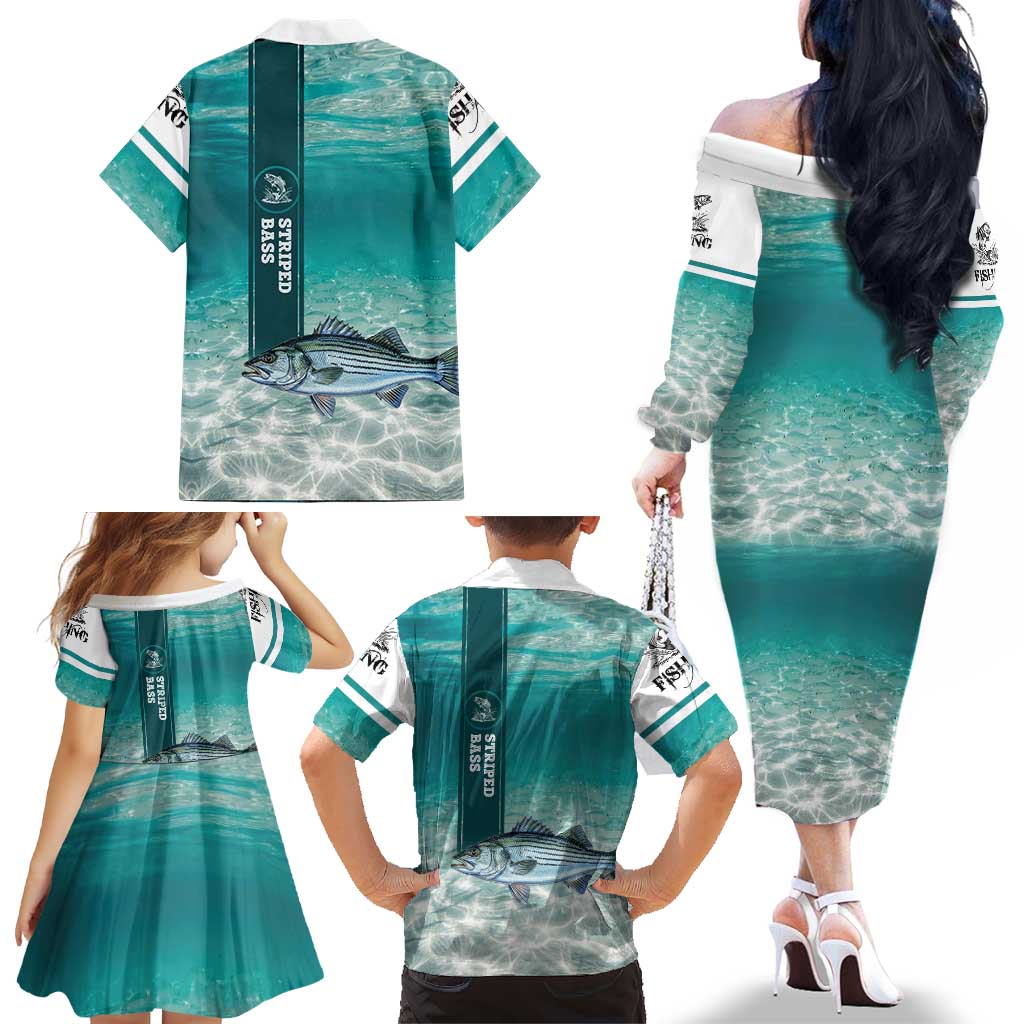 Striped Bass Fishing Family Matching Off The Shoulder Long Sleeve Dress and Hawaiian Shirt with Underwater Ocean Scene and Teal Water Pattern - Wonder Print Shop