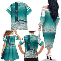 Striped Bass Fishing Family Matching Off The Shoulder Long Sleeve Dress and Hawaiian Shirt with Underwater Ocean Scene and Teal Water Pattern - Wonder Print Shop