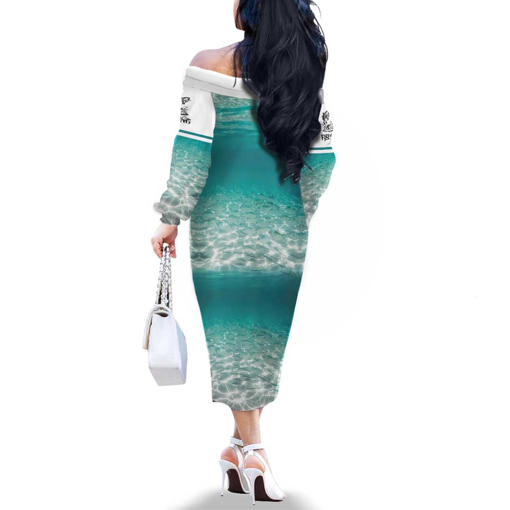 Striped Bass Fishing Family Matching Off The Shoulder Long Sleeve Dress and Hawaiian Shirt with Underwater Ocean Scene and Teal Water Pattern - Wonder Print Shop