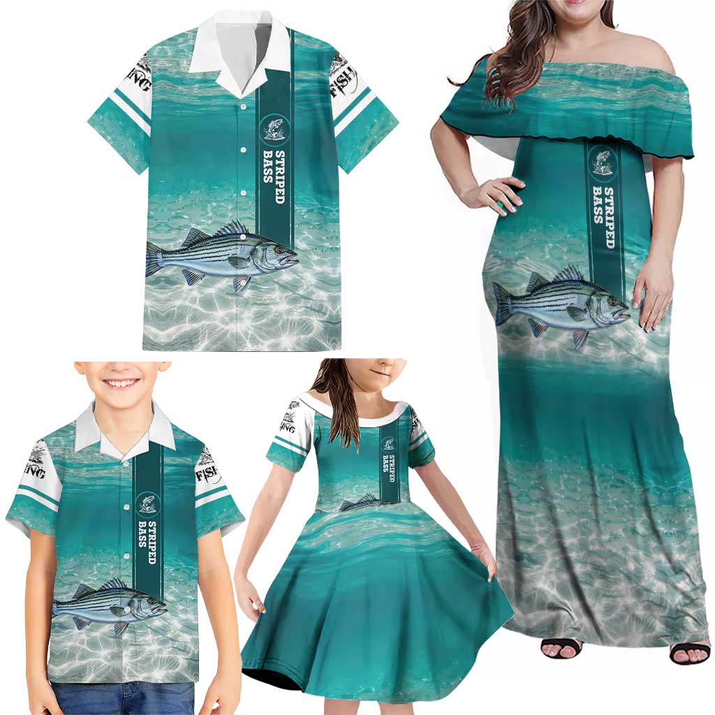 Striped Bass Fishing Family Matching Off Shoulder Maxi Dress and Hawaiian Shirt with Underwater Ocean Scene and Teal Water Pattern - Wonder Print Shop