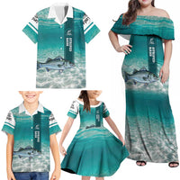 Striped Bass Fishing Family Matching Off Shoulder Maxi Dress and Hawaiian Shirt with Underwater Ocean Scene and Teal Water Pattern - Wonder Print Shop