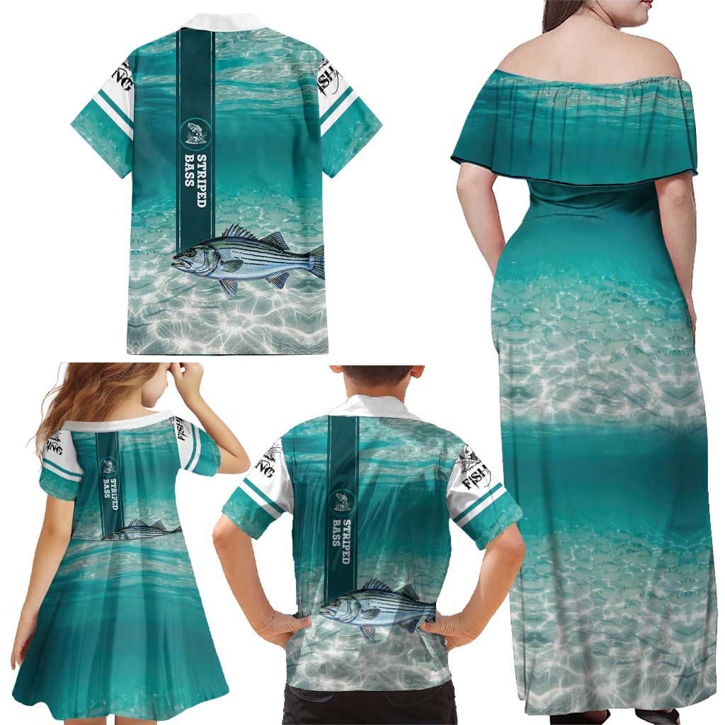 Striped Bass Fishing Family Matching Off Shoulder Maxi Dress and Hawaiian Shirt with Underwater Ocean Scene and Teal Water Pattern - Wonder Print Shop