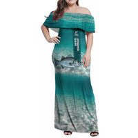 Striped Bass Fishing Family Matching Off Shoulder Maxi Dress and Hawaiian Shirt with Underwater Ocean Scene and Teal Water Pattern - Wonder Print Shop