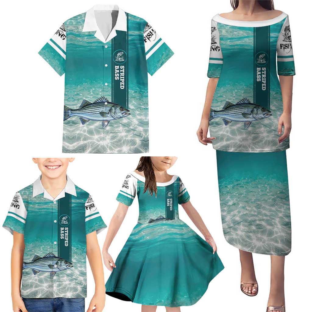 Striped Bass Fishing Family Matching Puletasi and Hawaiian Shirt with Underwater Ocean Scene and Teal Water Pattern - Wonder Print Shop