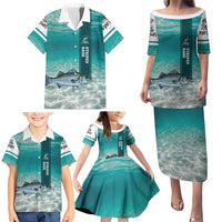Striped Bass Fishing Family Matching Puletasi and Hawaiian Shirt with Underwater Ocean Scene and Teal Water Pattern - Wonder Print Shop