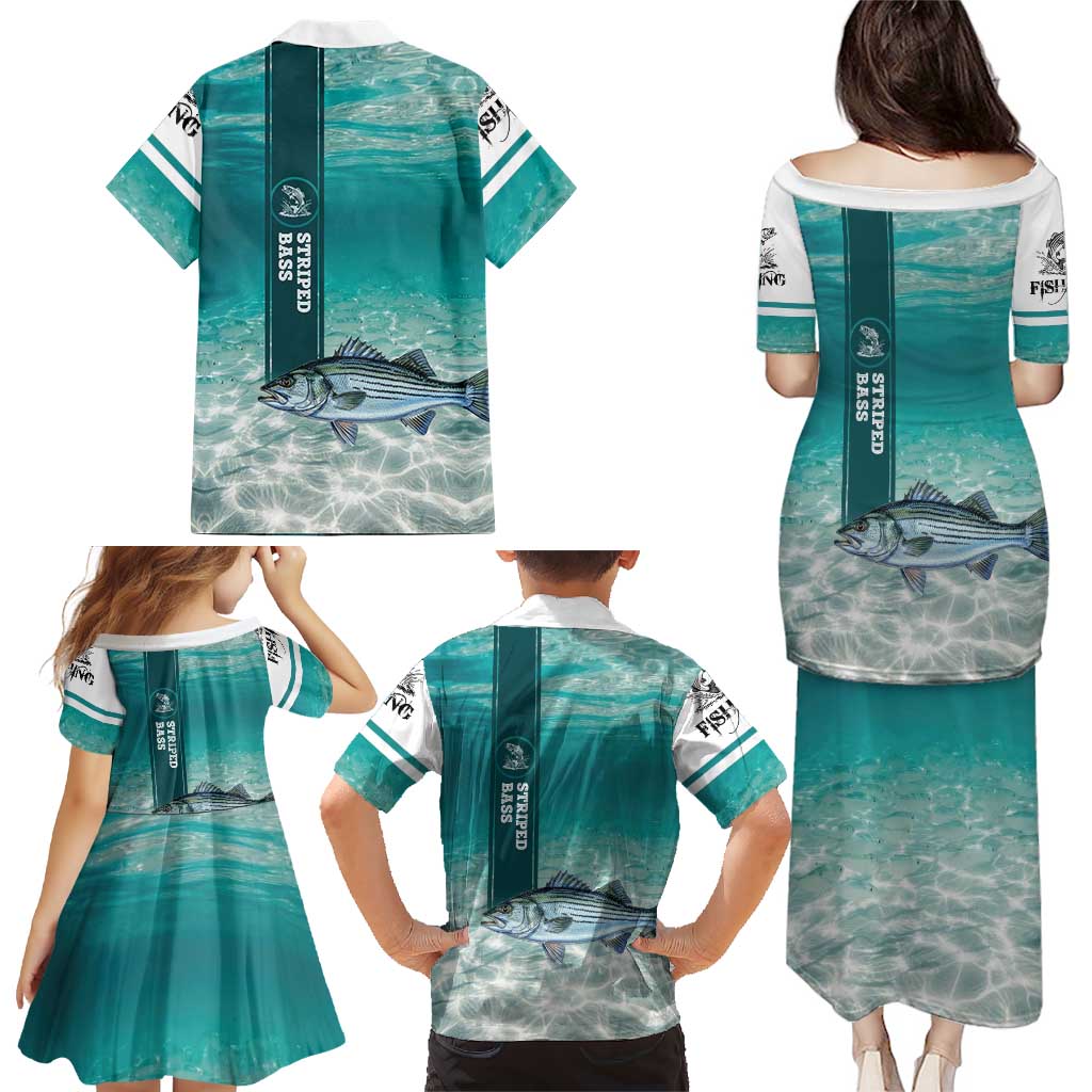 Striped Bass Fishing Family Matching Puletasi and Hawaiian Shirt with Underwater Ocean Scene and Teal Water Pattern - Wonder Print Shop