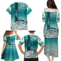 Striped Bass Fishing Family Matching Puletasi and Hawaiian Shirt with Underwater Ocean Scene and Teal Water Pattern - Wonder Print Shop