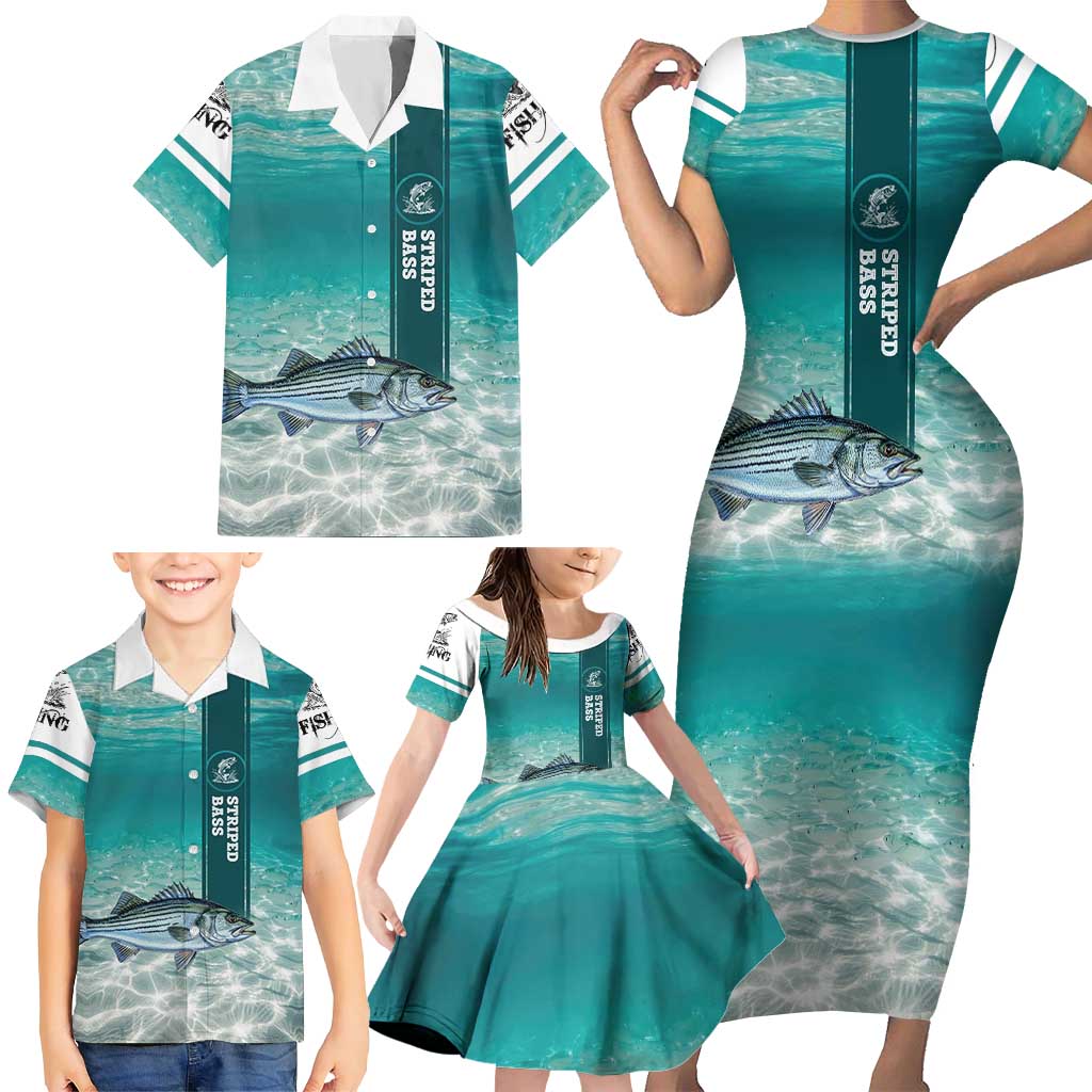 Striped Bass Fishing Family Matching Short Sleeve Bodycon Dress and Hawaiian Shirt with Underwater Ocean Scene and Teal Water Pattern - Wonder Print Shop