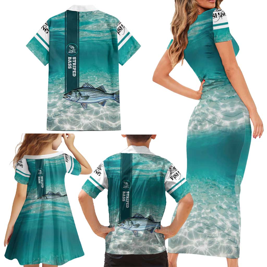 Striped Bass Fishing Family Matching Short Sleeve Bodycon Dress and Hawaiian Shirt with Underwater Ocean Scene and Teal Water Pattern - Wonder Print Shop