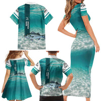 Striped Bass Fishing Family Matching Short Sleeve Bodycon Dress and Hawaiian Shirt with Underwater Ocean Scene and Teal Water Pattern - Wonder Print Shop