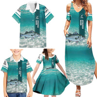 Striped Bass Fishing Family Matching Summer Maxi Dress and Hawaiian Shirt with Underwater Ocean Scene and Teal Water Pattern - Wonder Print Shop