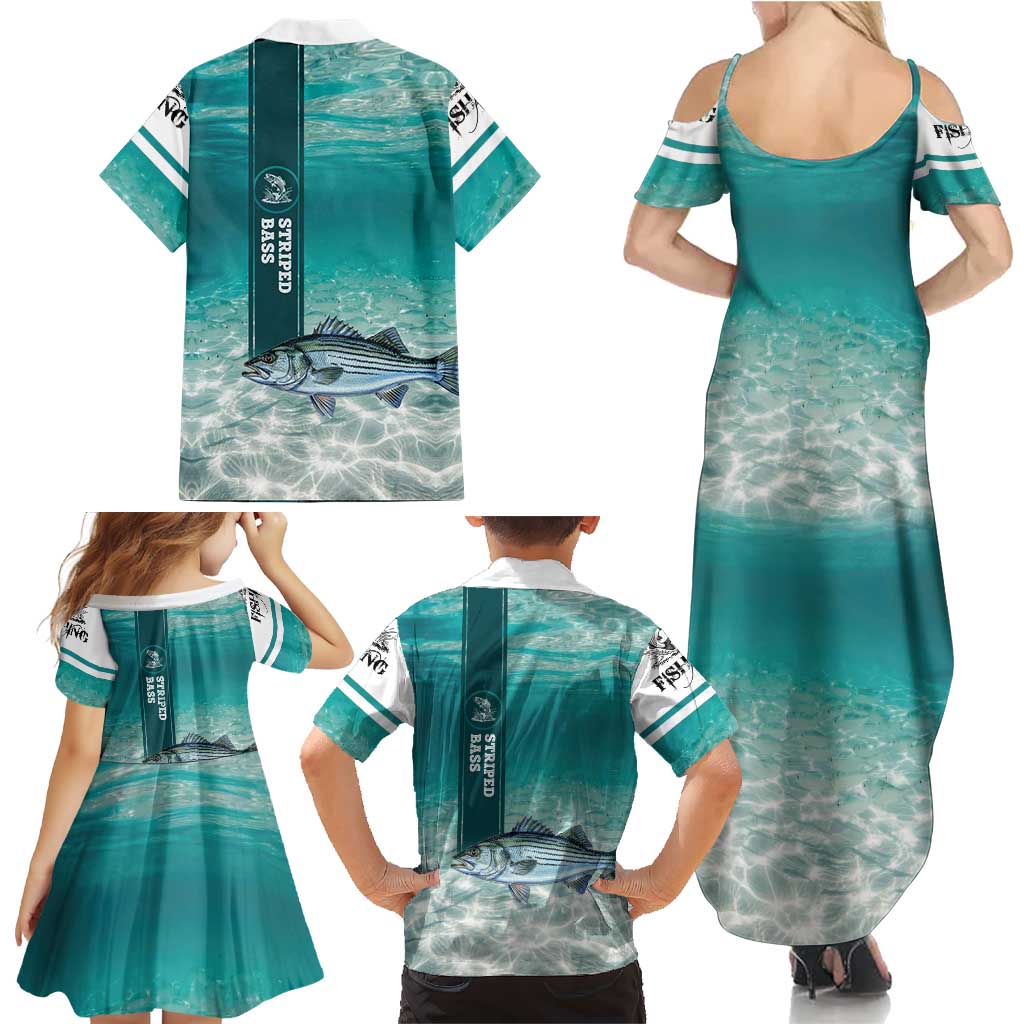 Striped Bass Fishing Family Matching Summer Maxi Dress and Hawaiian Shirt with Underwater Ocean Scene and Teal Water Pattern - Wonder Print Shop