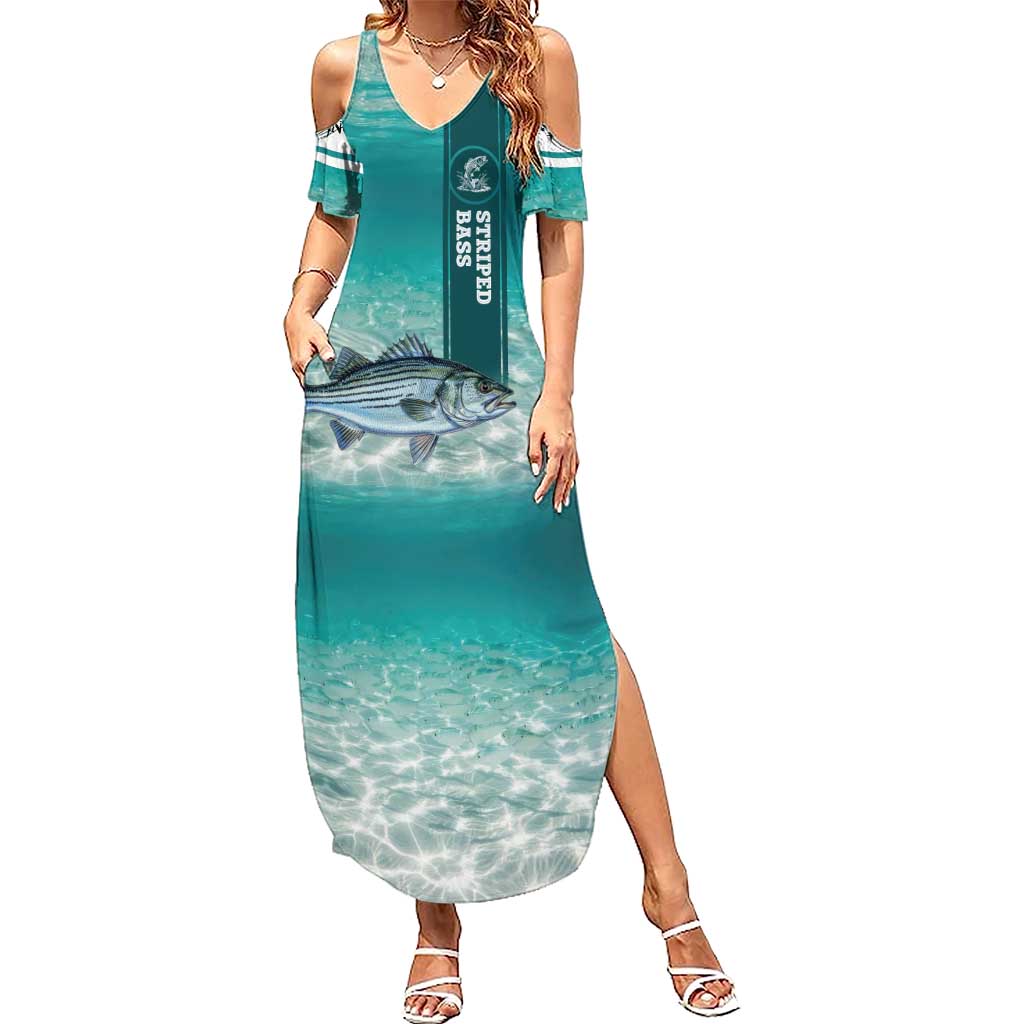 Striped Bass Fishing Family Matching Summer Maxi Dress and Hawaiian Shirt with Underwater Ocean Scene and Teal Water Pattern - Wonder Print Shop