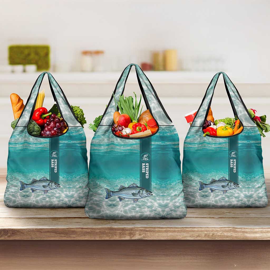 Striped Bass Fishing Grocery Bag with Underwater Ocean Scene and Teal Water Pattern - Wonder Print Shop